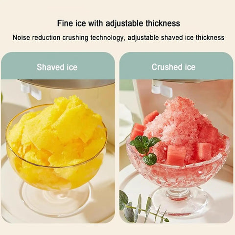 Shaved and crushed ice from Game Changer Countertop Ice Maker Machine, showcasing icy textures for drinks.