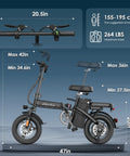 Foldable Electric Bike For Adults And Teens With 750W Peak Motor, 48V 10Ah Removable Battery, size dimensions illustrated