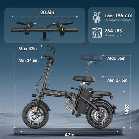 Foldable Electric Bike For Adults And Teens With 750W Peak Motor, 48V 10Ah Removable Battery, size dimensions illustrated