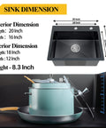 Black Stainless Steel Kitchen Sink 20 By 16 Inch Single Bowl Drop In With Gift Set, 14 Gauge, Two Hole Design, sink dimensions