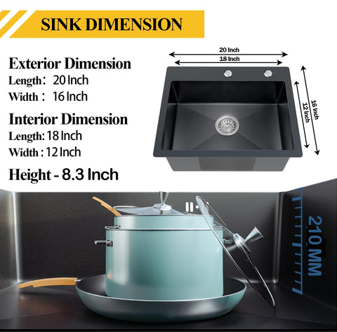 Black Stainless Steel Kitchen Sink 20 By 16 Inch Single Bowl Drop In With Gift Set, 14 Gauge, Two Hole Design, sink dimensions