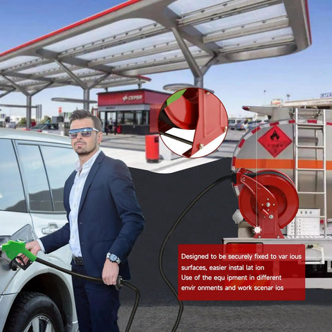 Person using 1 Inch Fuel Hose Reel With 50 Ft Retractable Ratchet Spring Drive, Diesel Hose Reel With 360 Degree Swivel at gas station