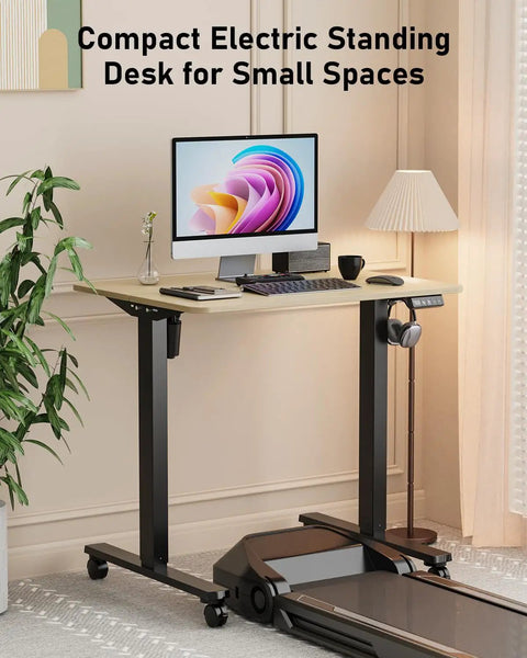 Slick 32 Inch Electric Standing Desk Built Tough With Swivel Rolling Casters And No Sweat Height Switches For A Go To Remote Work Spot You Will Love in a contemporary home office setup.