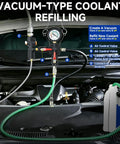 Boss Grade 34 Piece Coolant Pressure Tester Kit With Vacuum Refill Pump, showing vacuum-type coolant refilling in a home garage.