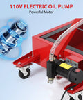 Close-up of 110V electric oil pump on Heavy Duty 20 Gallon Oil Drain Pan With Electric Pump For Cars Trucks And Rvs, Low Profile Fluid Extractor.