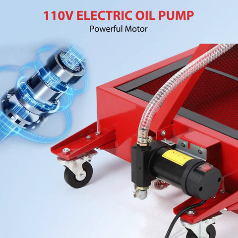 Close-up of 110V electric oil pump on Heavy Duty 20 Gallon Oil Drain Pan With Electric Pump For Cars Trucks And Rvs, Low Profile Fluid Extractor.