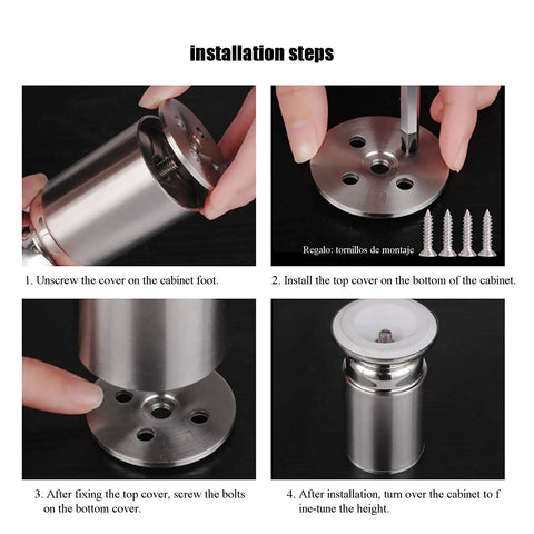 Installation steps for Adjustable Stainless Steel Furniture Legs Set 4 Pcs Screw-In Replacement Feet For Coffee Tables.