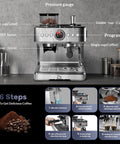 Semi Automatic Espresso Machine With Built In Grinder And Quick Milk Frother 20 Bar Pressure showing controls and pressure gauge.