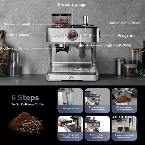 Semi Automatic Espresso Machine With Built In Grinder And Quick Milk Frother 20 Bar Pressure showing controls and pressure gauge.