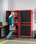 Person accessing Beefy Metal Garage Storage Cabinet On Wheels With Rolling Tool Cabinet Adjustable Shelves And Drawer For Garage Home Office Or Utility Room Red Finish