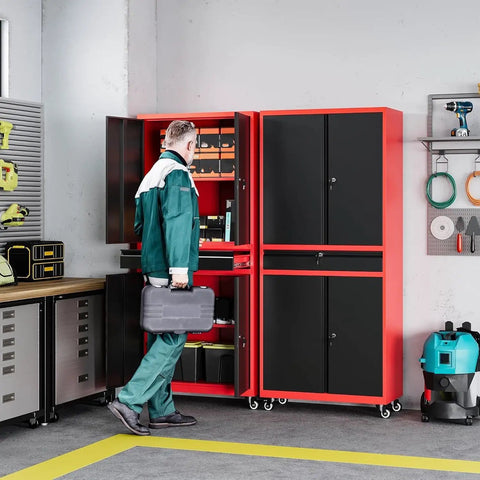 Person accessing Beefy Metal Garage Storage Cabinet On Wheels With Rolling Tool Cabinet Adjustable Shelves And Drawer For Garage Home Office Or Utility Room Red Finish