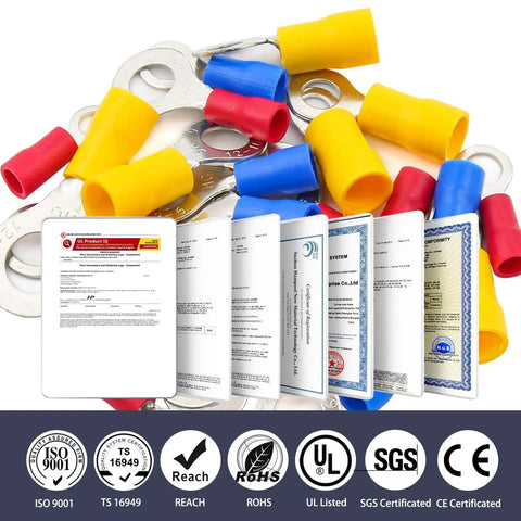 210Pcs Insulated Ring Terminals Kit For 22 16GA To 12 10AWG Wires, Eyelet Sizes 8 and 10 with UL certification icons
