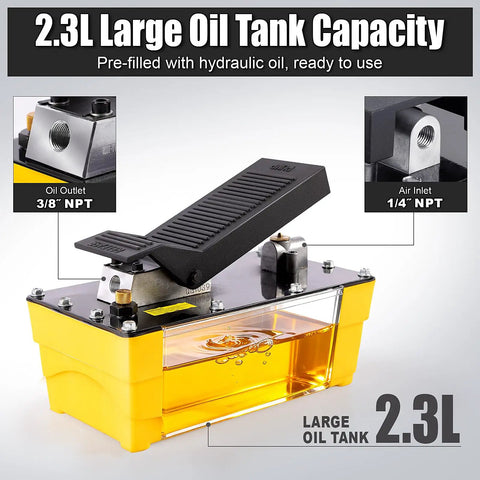 High-Pressure Air Hydraulic Pump Kit With 10,000 PSI Power, 0.6 Gal Reservoir, Foot Pedal Operation, 6.6 Ft Hose And Spray Gun, NPT Three-Eighth Inch Outlet And One-Quarter Inch Inlet, Yellow Built-To-Last Workhorse For 10-Ton Jobs, 2.3L tank