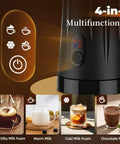 4 In 1 Milk Frother And Steamer For Hot And Cold Foam Auto Shut Off Quiet Frother Machine displayed with different drinks