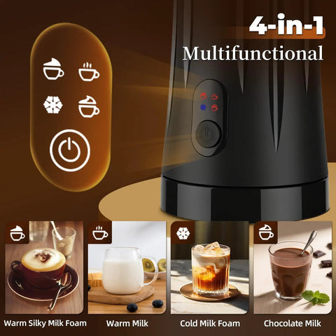 4 In 1 Milk Frother And Steamer For Hot And Cold Foam Auto Shut Off Quiet Frother Machine displayed with different drinks
