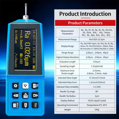 Handheld Portable Surface Roughness Tester And High-Precision Digital Profilometer displaying parameters and specifications