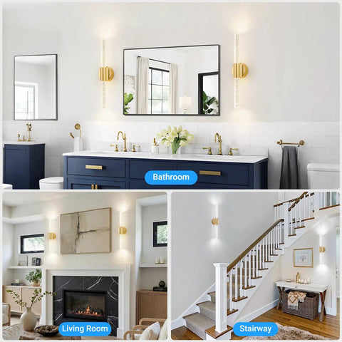 Gold Battery Operated Wall Sconces Set Of 2 Peel And Stick Magnetic Linear Lights installed in bathroom, living room, and stairway