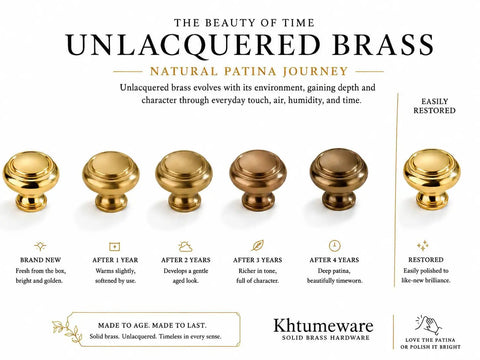 Luxury Solid Real Unlacquered Brass Cabinet Knobs Handmade with patina journey from new to aged over time, showcasing natural beauty.