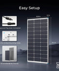 Image showing dimensions and features of the 100W Solar Panel For RV And Off Grid Living, Monocrystalline N Type 16BB Cells, 12V Roof Mount PV Module With 25 Percent Efficiency, High Performance Solar Charger For Camping Boats Van Trailer Cabin And More, including plug-and-play solar connector and pre-drilled mounting holes.
