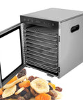Heavy Hitter Electric Food Dehydrator With Slick Stainless Racks And Big Twelve Tier Capacity For Drying Fruit Meat Herbs Quick And Easy At Home Or Market Stalls with open door and dried fruit display.
