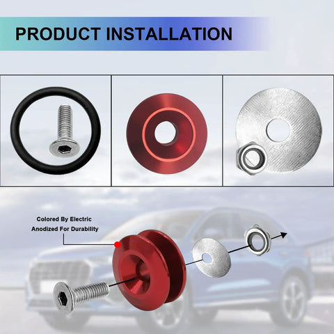Universal Bumper Quick Release Fastener Kit For Front And Rear Bumpers, Trunk And Luggage Compartment Clips, Fenders And Car Parts, Red Quick Release Bumper Clips For Easy Detach And Swap shown with components and installation tools, highlighting durable aluminum alloy material.