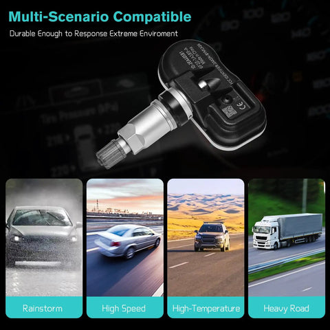 315MHz TPMS Tire Pressure Sensor for Ford Escape 2005 2011 Edge, No Programming Required, OE Quality Sensor With Accurate Readings, Durable Tire Sensor Built To Endure All Weather Conditions And Long Lasting Performance. TPMS sensor shown for rain, speed, heat, and heavy road use