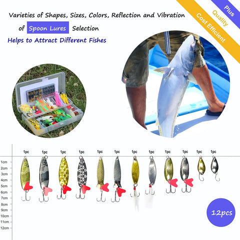 399 Piece Freshwater Fishing Lure Kit For Bass Trout And Salmon with various spoon lures and tackle box display.