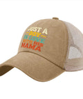 Ventilated Trucker Cap For Men And Women With Breathable Mesh Crown Vintage Style Hat in khaki with colorful text design