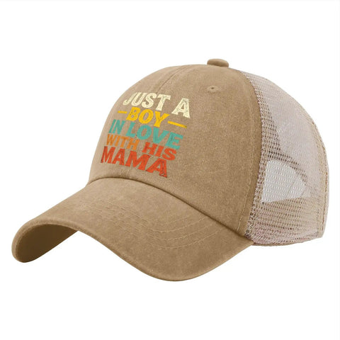 Ventilated Trucker Cap For Men And Women With Breathable Mesh Crown Vintage Style Hat in khaki with colorful text design