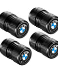Universal Aluminum Tire Valve Stem Caps, Four Pack, Durable, Corrosion Resistant, Easy Install Air Valve Covers, Black, BMW logo