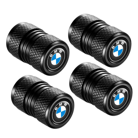 Universal Aluminum Tire Valve Stem Caps, Four Pack, Durable, Corrosion Resistant, Easy Install Air Valve Covers, Black, BMW logo