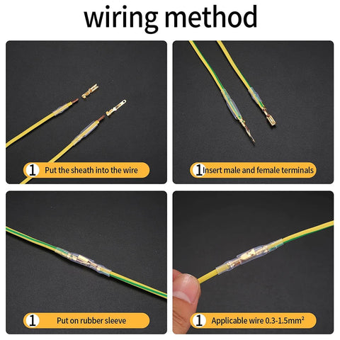 Wiring method with 150 Piece Quick Splice Spade Connectors Kit With Insulated Nylon Sleeves For Two Point Eight Four Point Eight And Six Point Three Millimeter Male And Female Crimp Terminals For Car Audio Wiring