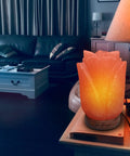 Flower Shape Pink Himalayan Salt Lamp With Wood Base And Dimmer, Handcrafted 7-8 Lbs Salt Rock Lamp in a cozy room setting.