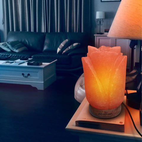 Flower Shape Pink Himalayan Salt Lamp With Wood Base And Dimmer, Handcrafted 7-8 Lbs Salt Rock Lamp in a cozy room setting.
