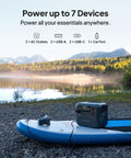 AC70 Portable Power Station 768Wh Solar Generator on paddleboard near lake and mountains, dual 1000W AC outlets visible