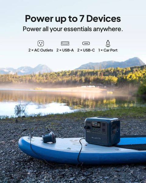 AC70 Portable Power Station 768Wh Solar Generator on paddleboard near lake and mountains, dual 1000W AC outlets visible