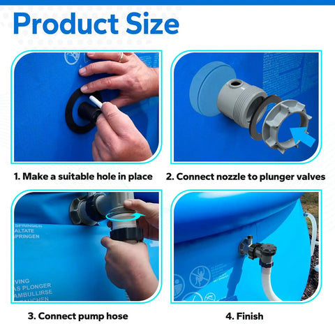 Instructions illustrating how to install Easy To Install Pool Plunger Valve With 12355 Inlet Air Nozzle Kit For Above Ground Pools And Pool Pumps.