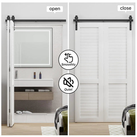 42 Inch Bi Folding Barn Door Hardware Kit With Quiet Sliding Track Side Mounted Black Rollers Easy Install fits double doors