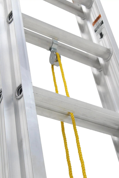 20 Foot Aluminum Extension Ladder With 250 Pound Load Capacity Type I For Home And Pro Use Lightweight Yet Durable Meets Or Exceeds Industry Safety Standards Great For DIY Projects And Job Sites AE3220, close-up of rungs and rope
