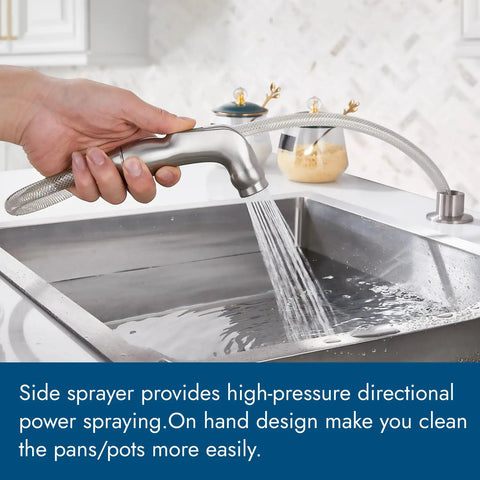 Heavy Duty Two Handle Kitchen Faucet With Pull Down Sprayer And Four Hole Deck Mount In Sleek Brushed Nickel Finish, side sprayer in use.