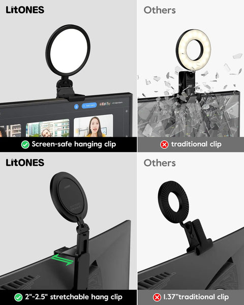 Dope Eye Friendly 5 Inch Ring Light For Computer With Flicker Free Illumination, screen-safe clip compared to traditional clip