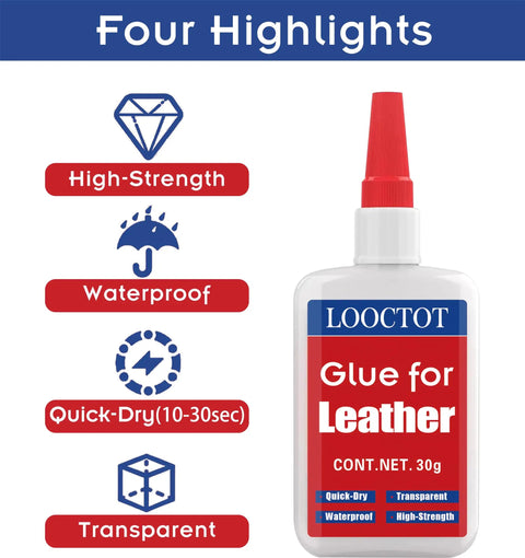 Leather Glue For Purses And Furniture That Delivers Quick Dry Bond In Ten To Thirty Seconds, Clear, Waterproof After Full Cure bottle.