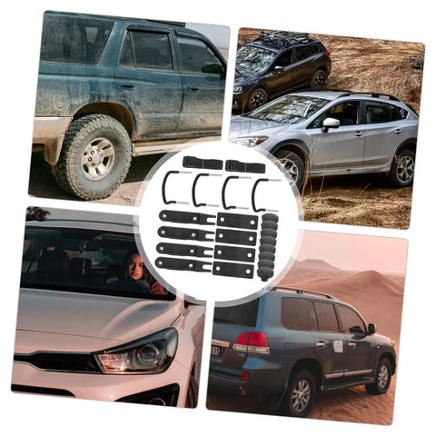 Rooftop Cargo Carrier Bolt Mounting Fitting And Roof Rack Clamps, vehicles shown in various terrains, enhancing cargo capacity.