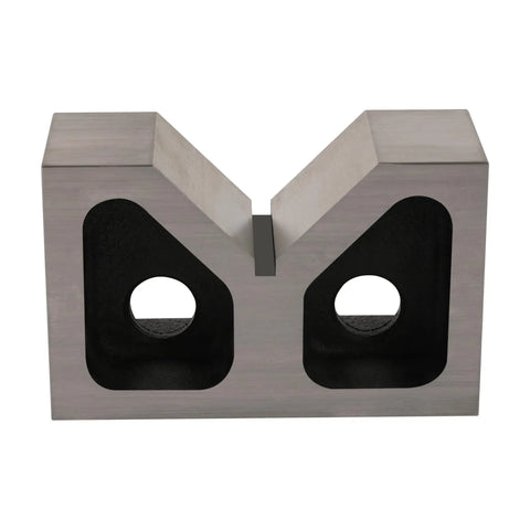 Rock Solid Cast Iron V Block Set For Precision Layout Work And Machinist Bench Setup Featuring Dead Square Ground Edges And Point Zero Zero Zero One Inch Tolerance That Is Seriously Badass Quality, view from front showing V shape and holes.