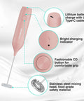 Powerful Rechargeable Milk Frother Wand With Stand, Handheld Electric Foam Maker, Pink, Stainless Steel Whisk, Type C Cable