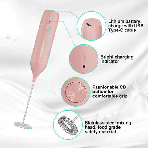 Powerful Rechargeable Milk Frother Wand With Stand, Handheld Electric Foam Maker, Pink, Stainless Steel Whisk, Type C Cable