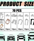 70 Piece Fuel Line Clips Kit With 7 Size Variations For 3/8 And 5/16 Inch Lines, Injector Connectors And Hose Retainers chart