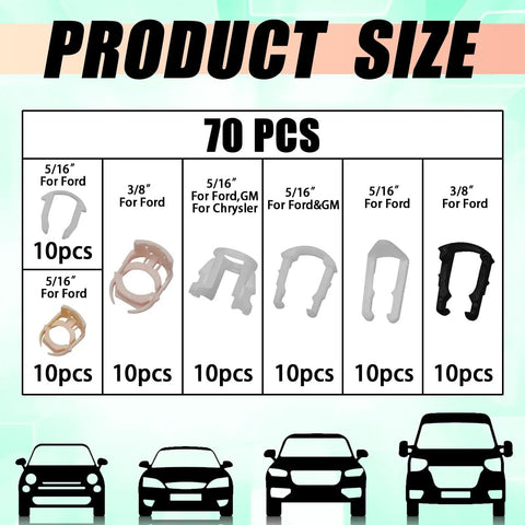 70 Piece Fuel Line Clips Kit With 7 Size Variations For 3/8 And 5/16 Inch Lines, Injector Connectors And Hose Retainers chart