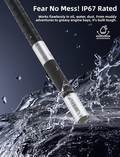 Dope Endoscope Camera With Light 360 Degree Rotation 1920P HD Articulating Borescope SemiRigid Snake Probe IP67 Waterproof For Plumbing Automotive Home Inspections Works With iPhone And Android Perfect Gift For DIY Enthusiasts. close-up of waterproof probe tip