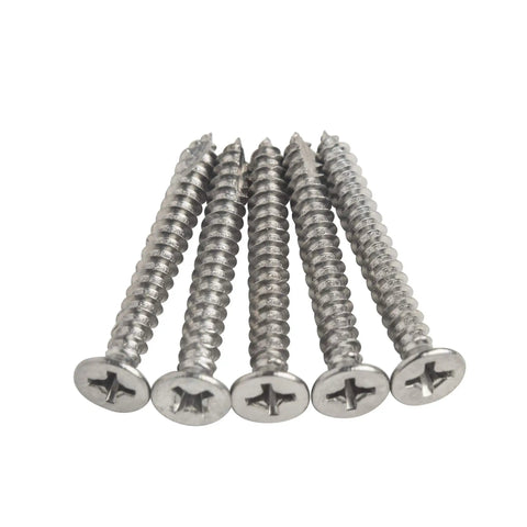 Premium Satin Nickel Wood Screws For Door Hinges And Cabinet DIY Projects Flat Head Phillips Drive Screw Pack arranged in a line.
